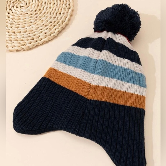 Kids Dark blue/Multicolour stripes Pom Pom Beanie - Picture 2 of 3